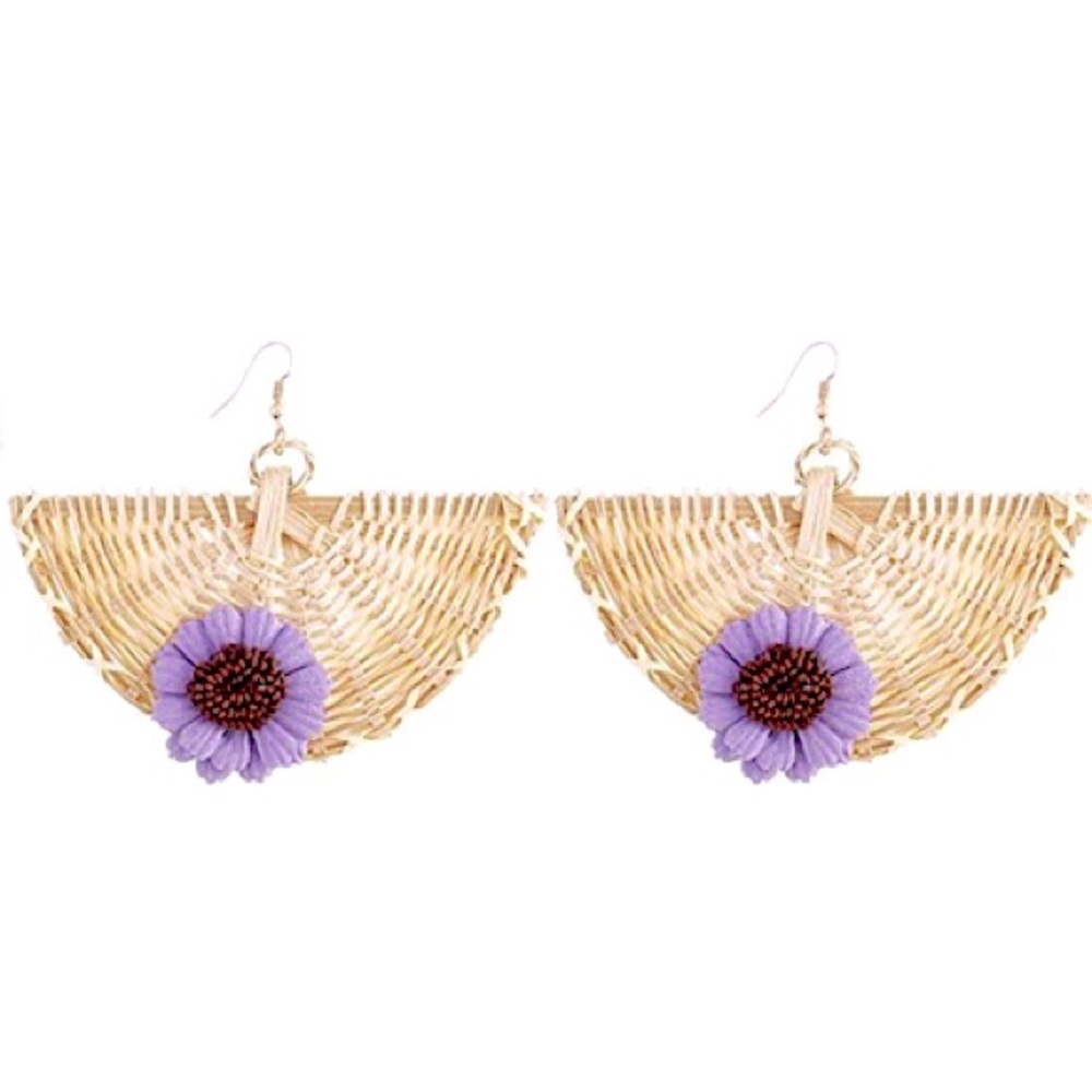 Rattan Woven Half Circle Purple Flower Earrings